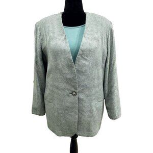 Vintage Collarless Blazer — Sage Green Woven — Single Button — Size 16